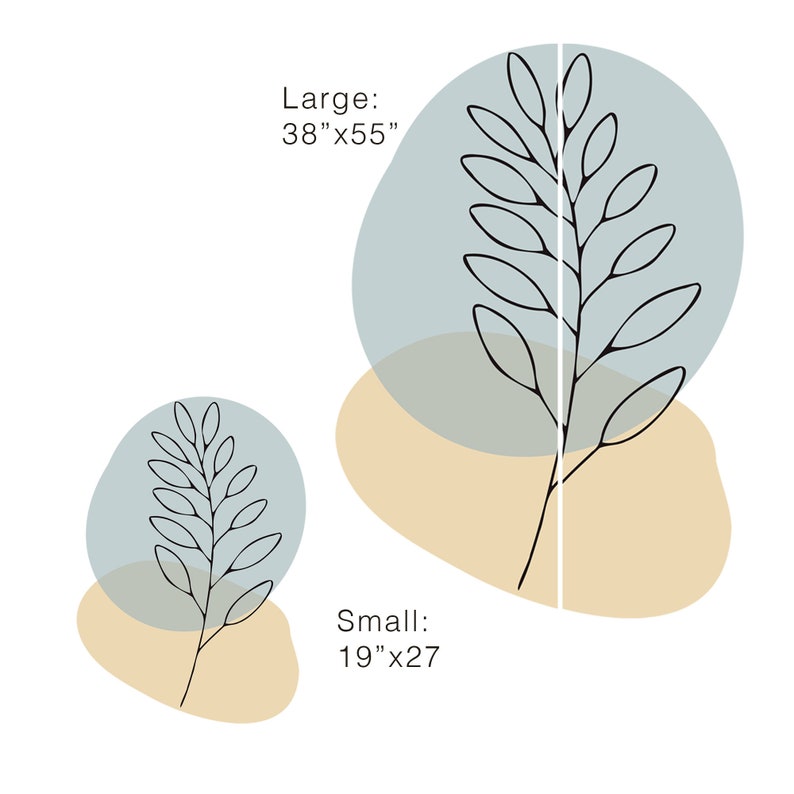 May include: Abstract art print featuring a black line drawing of a plant with leaves, set against a backdrop of soft blue and beige organic shapes. The large print measures 38" x 55", and the small print is 19" x 27".