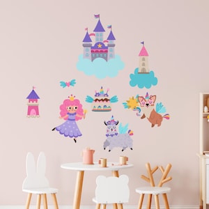 The Princess and the Castle Wall Sticker Set for Girls&#39; Room , Unicorn , Rainbow , Clouds , Princess Wall Decal Girls Nursery Wall Sticker