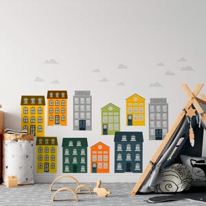 Modern Town Houses Wall Decal Set, European Town Wall Sticker Set, Removable Village Stickers, Watercolor Nursery Decals, Gift for nursery