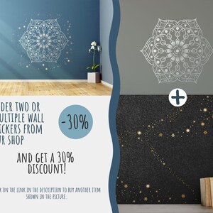 May include: Two wall decals, one with a silver mandala design and the other with a black background and gold stars. Text on the image reads "Order two or multiple wall stickers from our shop -30% and get a 30% discount!"