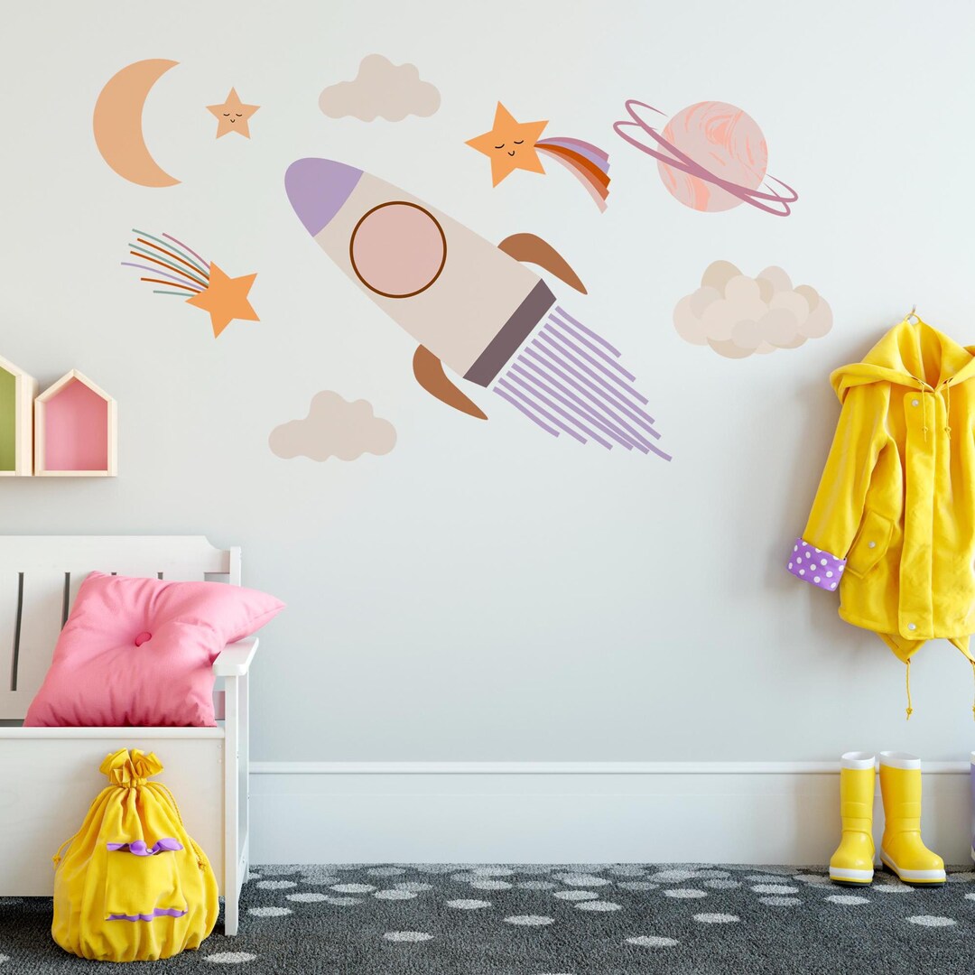 Space Rocket Wall Decals – Moon, Stars, Planets Nursery or Kids Room ...