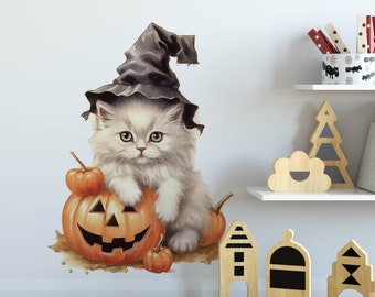 Custom Fall Halloween Wall Decal - Modern Cat Vinyl Decor for Door or Walls