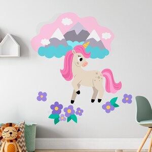 Mountain Unicorn Wall Decal - Girl Nursery Decor, Watercolor Flower Wall Art, Kids Room Decals, Removable Wall Sticker, Vinyl Decal