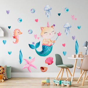 Mermaid Cat Wall Decal – Under the Sea Kitten Sticker – Boho Stickers for Girls Nursery, sea world decal, ocean wall sticker, kids room art