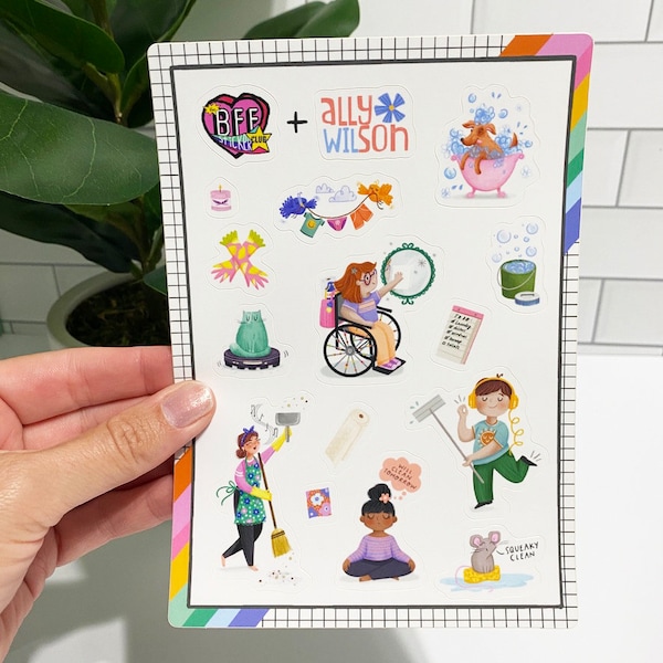 Allyson Wilson + The BFF Sticker Club: Cleaning Up! | Cute Sticker - Planner Sticker - Cleaning Sticker - Sticker Sheet - Art Sticker - Tidy