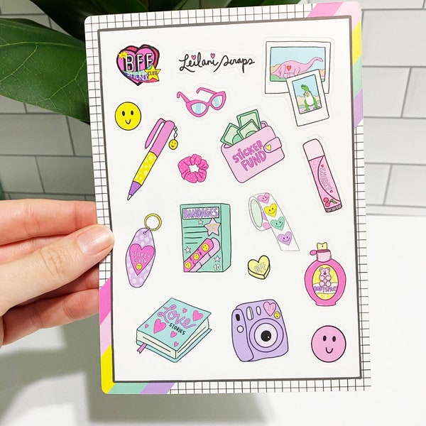 Leilani Scraps + The BFF Sticker Club: Pink Necessities Sticker Sheet | Cute Stickers - Planner Stickers - 90s Sticker  - Decorative Sticker