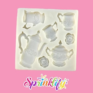 SPRINKLIFY Tea Party Mold, Tea Pot, Cups & Roses Fondant Mold, Highly Detailed Silicone Chocolate Mold, Resin Mold, Polymer Clay Mold