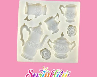 SPRINKLIFY Tea Party Mold, Tea Pot, Cups & Roses Fondant Mold, Highly Detailed Silicone Chocolate Mold, Resin Mold, Polymer Clay Mold