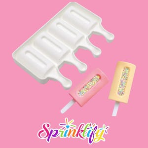 May include: A white popsicle mold with four slots, next to two popsicle treats. One popsicle is pink, the other is yellow, both with colorful sprinkles. The logo "Sprinklify" is at the bottom.