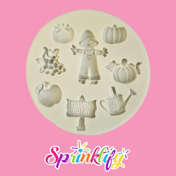 Molde de silicona para fondant SPRINKLIFY con temática de cosecha: manzana, calabaza, tomate, uva y espantapájaros. Ideal para decorar cupcakes con temática de jardín.