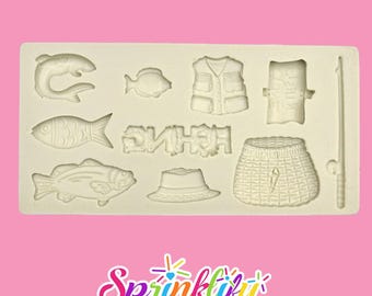 SPRINKLIFY Fishing Variety Mold, 10 Cavity Highly Detailed Silicone Fondant Mold, Cupcake Decorating, Fisherman Theme Mold Gone Fishing