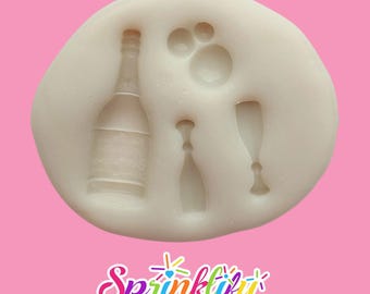 SPRINKLIFY Champagne Set Mold, Bubbly Theme Mold, Bottle and Glasses Mold, Fondant Mold, Cupcake Decoration Mold, Chocolate Mold, Resin Mold