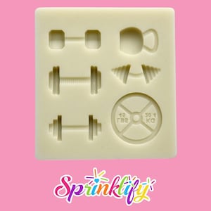 May include: A light beige silicone mold featuring various fitness-themed shapes. The mold includes dumbbell, kettlebell, and weight plate designs. The weight plate is labeled with "42 lbs" and "30 kg". The logo "Sprinklify" is at the bottom.