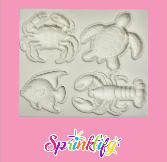 SPRINKLIFY Ocean Creatures Mold, Crab, Sea Turtle, Fish, Lobster Silicone Mold, Beach Theme, Under the Sea Mold, Mermaid Cake Decor