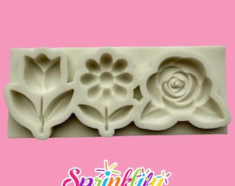 SPRINKLIFY Flower Trio Mold - Tulip, Rose, Daisy - Floral Fondant Mold, Floral Cake Decoration, Mothers Day Mold, Wedding Cake,Silicone Mold