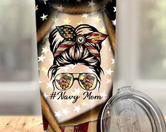Navy Mom Tumbler, Mom Life Tumbler, Messy Bun Tumbler, Military Mom, Mothers Day, 20oz Skinny Tumbler, Thermos Tumbler