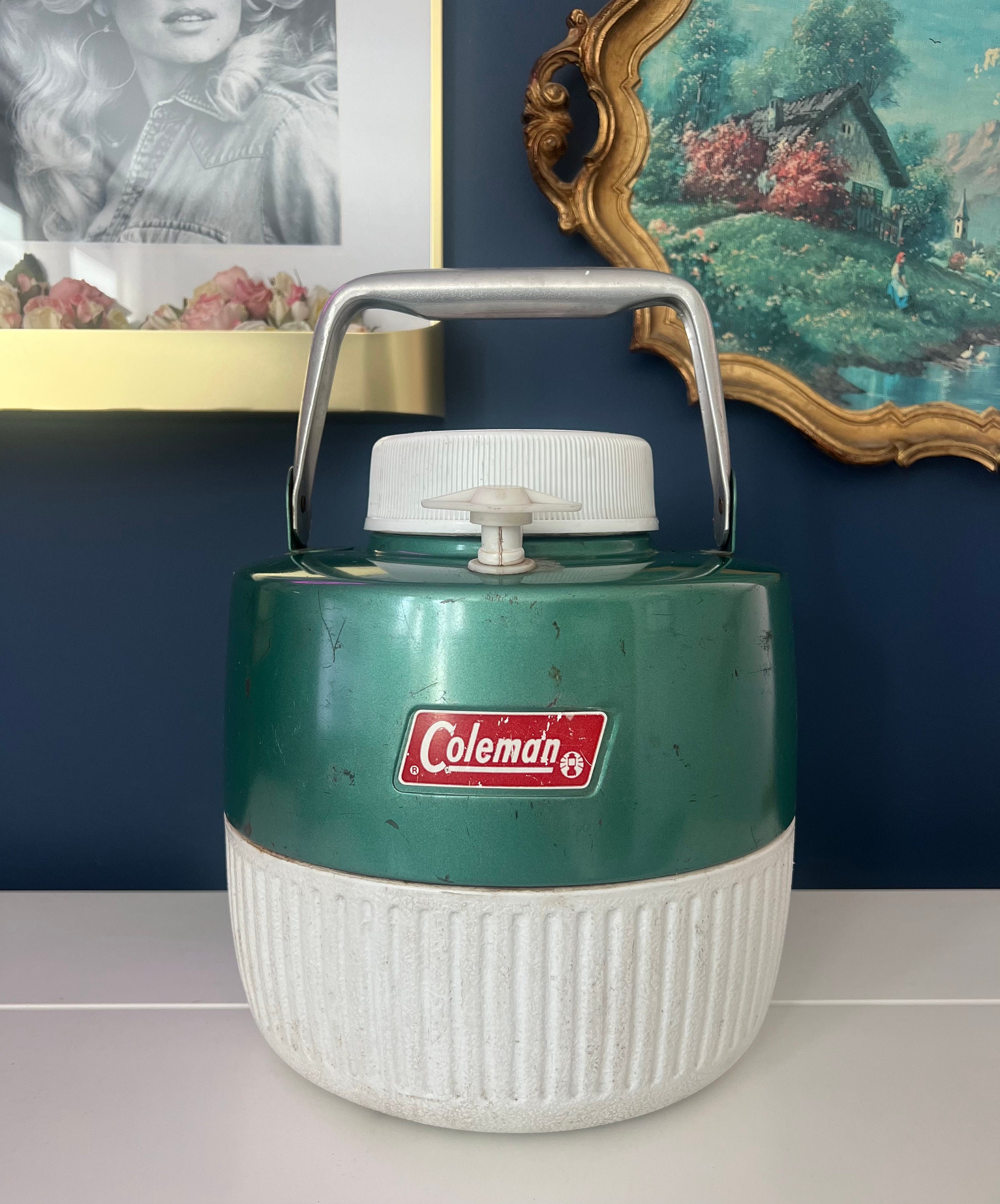 Vintage Coleman Water Beverage Cooler White Green One Gallon Jug