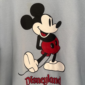 May include: A light blue sweatshirt featuring a graphic of Mickey Mouse in black, white, and red colors. Mickey is depicted in a classic pose with red shorts and white shoes. Below the character, the word Disneyland is printed in a dark red font.