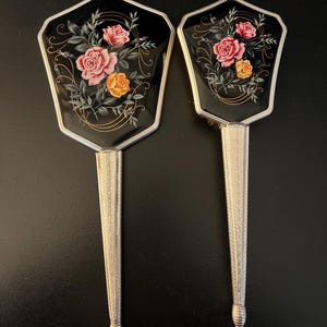 Vintage Black and Silver Mirror and Brush Vanity Set