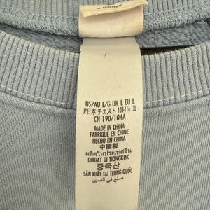 May include: A light blue sweatshirt featuring a white interior neck label with the Disney logo. The long white care tag displays size information including US/AU L/G, UK L, EU L, and JP 108-116 3L, along with manufacturing details stating Made in China.