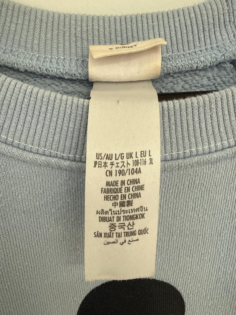 May include: A light blue sweatshirt featuring a white interior neck label with the Disney logo. The long white care tag displays size information including US/AU L/G, UK L, EU L, and JP 108-116 3L, along with manufacturing details stating Made in China.