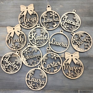 Personalized Christmas Ornament with Name, Custom Wooden Christmas Tree Decor, Laser Cut Wood Bauble, Gift Tag