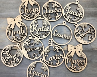 Personalized Christmas Ornament with Name, Custom Wooden Christmas Tree Decor, Laser Cut Wood Bauble, Gift Tag