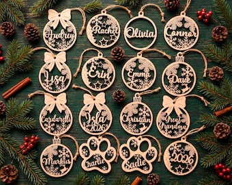 Personalized Christmas Ornaments, Custom Christmas tree Decor, Wood Xmas decor, Laser Cut Names, Christmas Bauble, Gift Tags, Your Logo