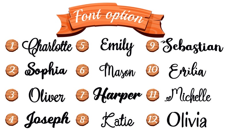May include: A chart with 12 different font options for names. The names are Charlotte, Sophia, Oliver, Joseph, Emily, Mason, Harper, Katie, Sebastian, Errilia, Michelle, and Olivia.