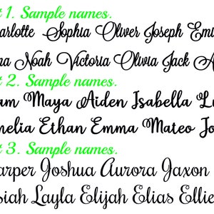 May include: A digital image showing three different fonts with sample names written in each font. The fonts are black and the text "Font 1. Sample names." "Font 2. Sample names." and "Font 3. Sample names." are written in green.