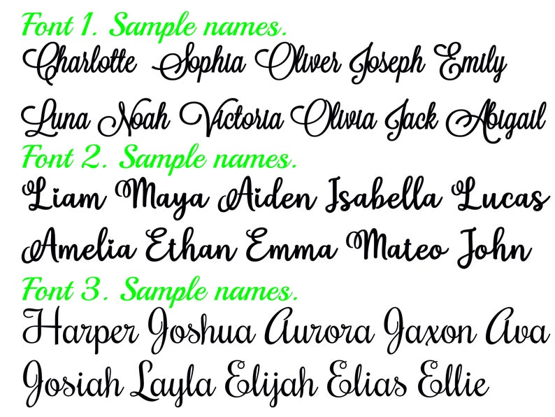 May include: A digital image showing three different fonts with sample names written in each font. The fonts are black and the text "Font 1. Sample names." "Font 2. Sample names." and "Font 3. Sample names." are written in green.