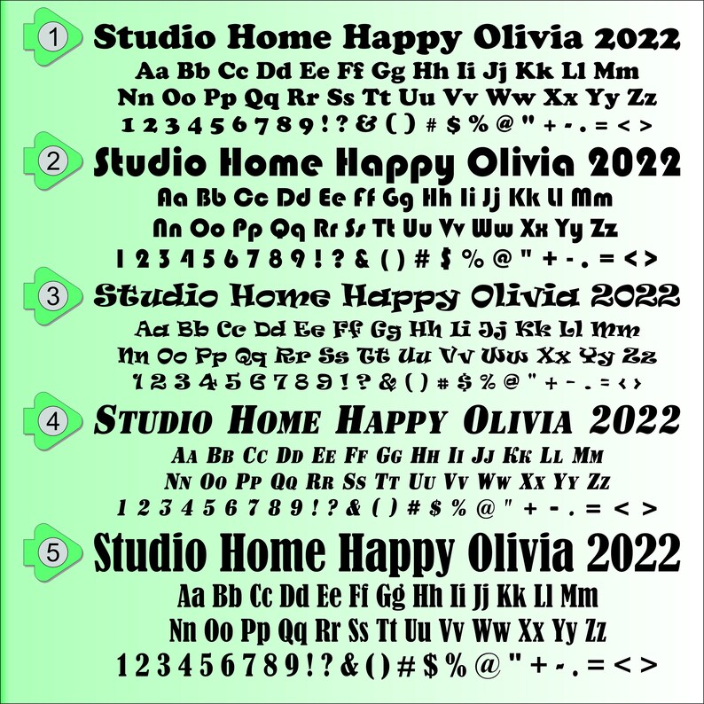May include: A green and white background with a black font displays a font chart with the alphabet, numbers, and punctuation marks. The font is bold and has a slightly rounded style. The text "Studio Home Happy Olivia 2022" appears at the top of each row.