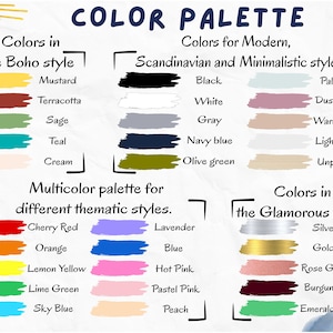 May include: A chart with color swatches and text describing color palettes for different interior design styles. The styles include Boho, Modern Scandinavian and Minimalistic, and Glamorous. The color swatches are labeled with names like Mustard, Terracotta, Sage, Teal, Cream, Black, White, Gray, Navy blue, Olive green, Pale Blue, Dusty Pink, Warm Beige, Light Grey, Unpainted, Cherry Red, Lavender, Silver, Orange, Blue, Gold, Lemon Yellow, Hot Pink, Rose Gold, Lime Green, Pastel Pink, Burgundy, Sky Blue, and Peach.