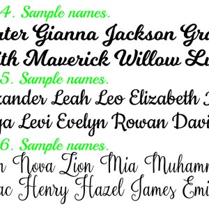 May include: A digital image showing six different fonts with sample names written in each font. The fonts are labeled "Font 4", "Font 5", and "Font 6".