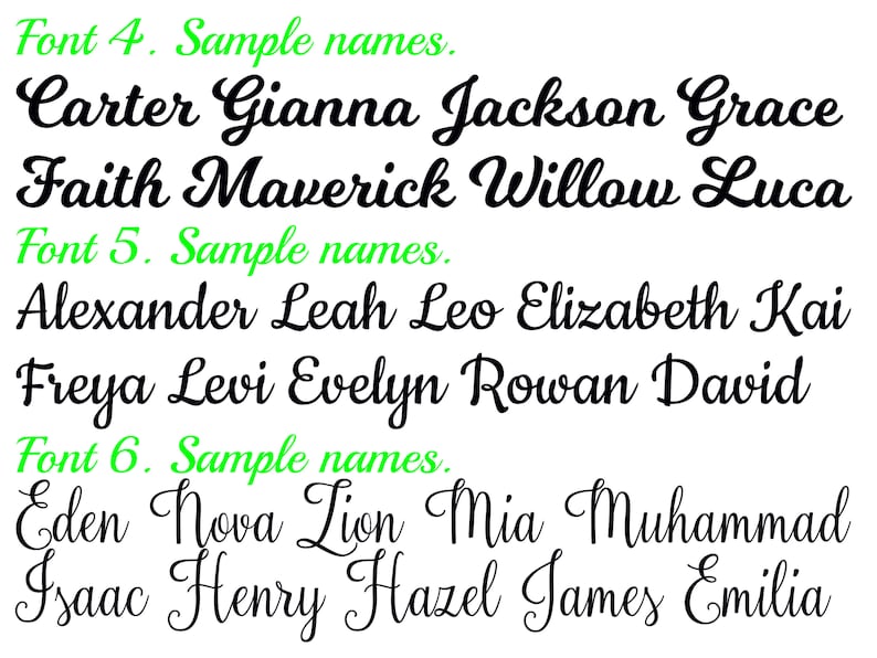 May include: A digital image showing six different fonts with sample names written in each font. The fonts are labeled "Font 4", "Font 5", and "Font 6".