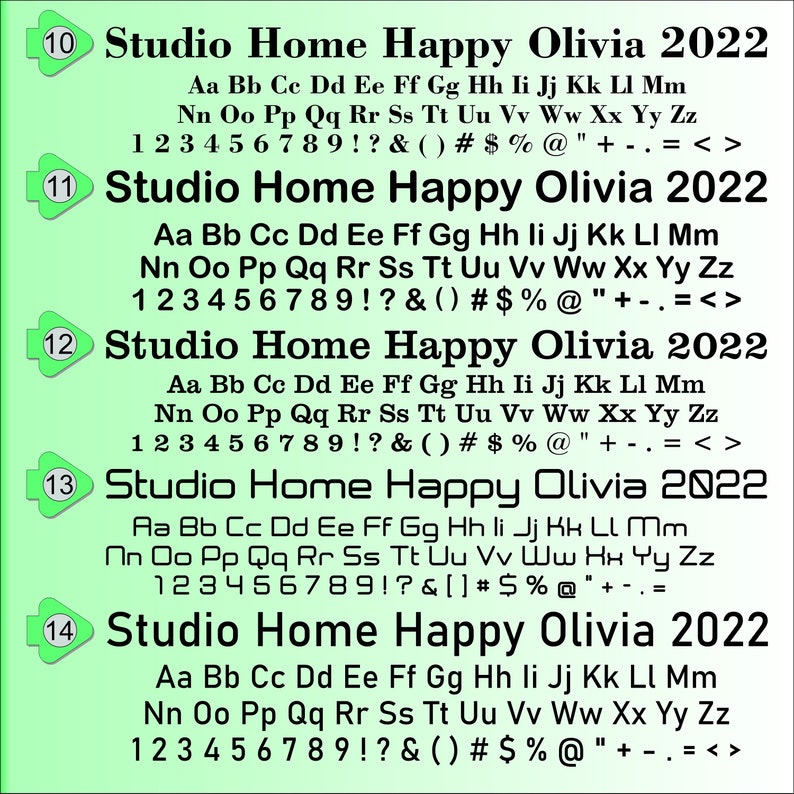 May include: A green and white chart with the text "Studio Home Happy Olivia 2022" and a list of letters and numbers in a stylized font.