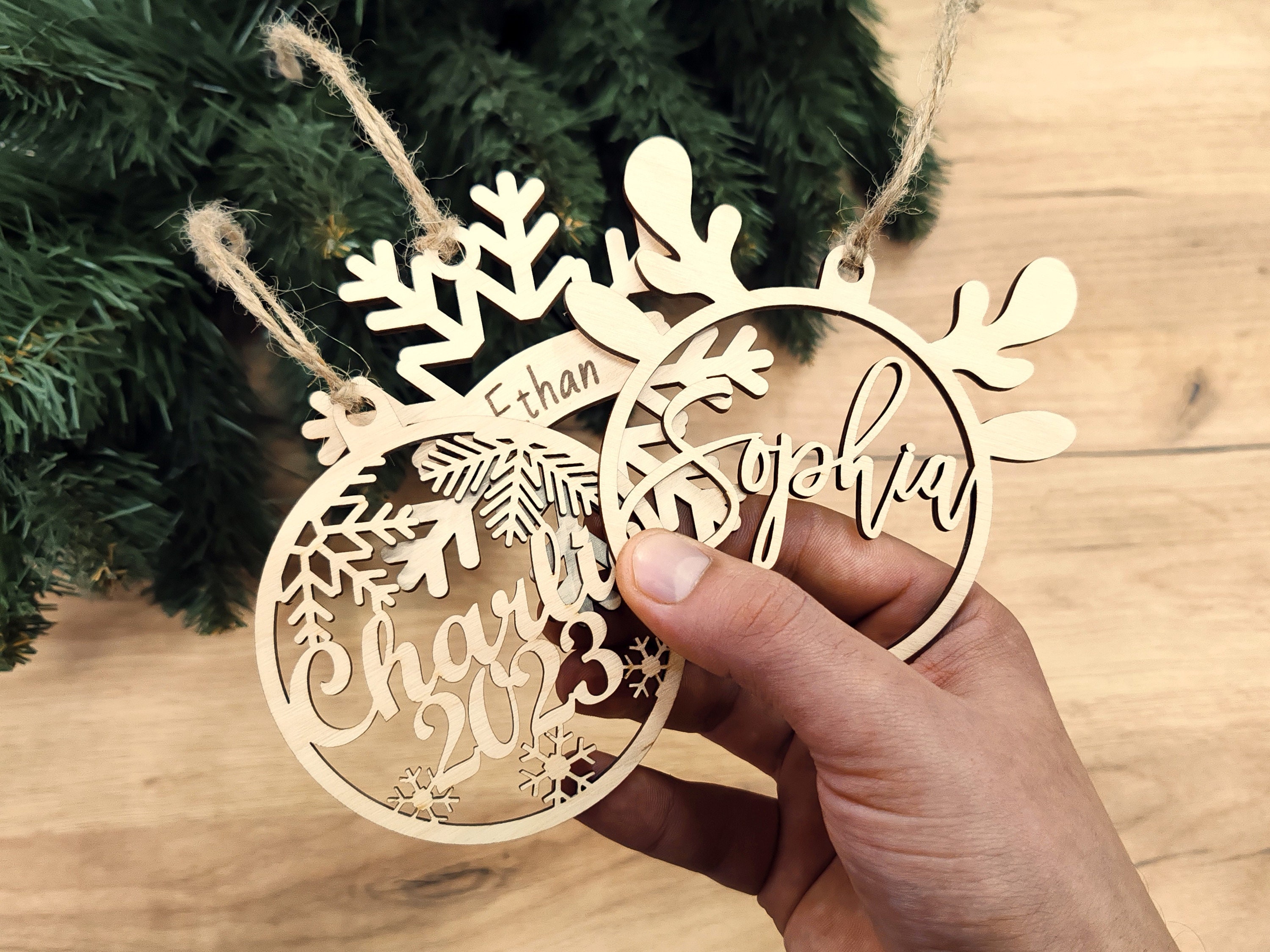 Personalized Name Art Deco Round Wood Christmas Ornament