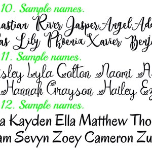 May include: A digital image showing different font styles and sizes with sample names written in each font. The text reads "Font 10. Sample names. Sebastian River Jasper Angel Addison Atlas Lily Phoenix Xavier Benjarir Font 11. Sample names. Paisley Leyla Cotton Naomi Asher Eli Hannah Grayson Hailey Ezra Font 12. Sample names. Sara Kayden Ella Matthew Thomas Adam Sevyn Zoey Cameron Zuri"