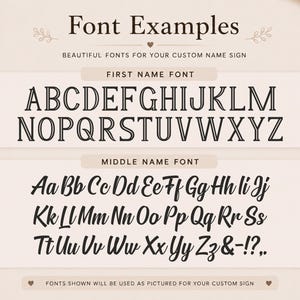 K&ouml;nnte beinhalten: Eine Schriftart-Auswahltabelle f&uuml;r individuelle Namensschilder mit zwei verschiedenen Stilen. Der erste Abschnitt zeigt ein serifenbetontes Gro&szlig;buchstaben-Alphabet mit der Beschriftung First Name Font. Der zweite zeigt eine Schreibschrift.
