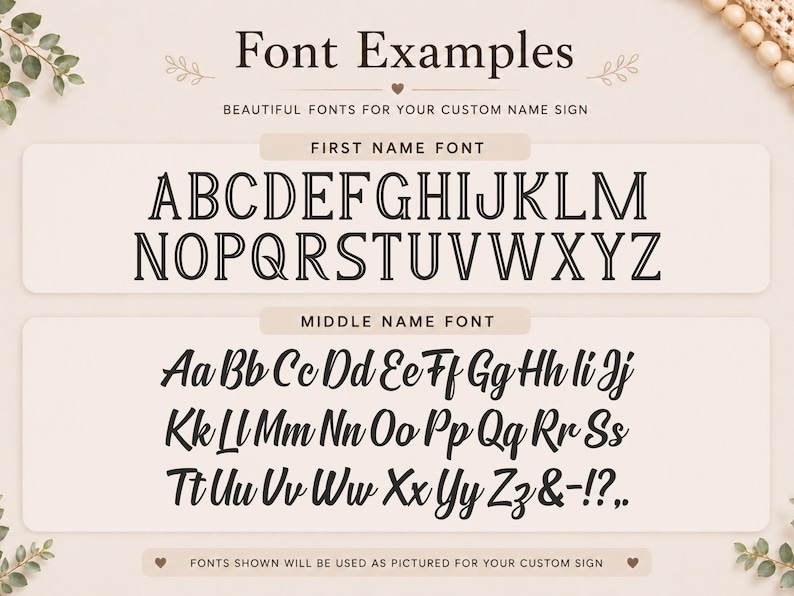 K&ouml;nnte beinhalten: Eine Schriftart-Auswahltabelle f&uuml;r individuelle Namensschilder mit zwei verschiedenen Stilen. Der erste Abschnitt zeigt ein serifenbetontes Gro&szlig;buchstaben-Alphabet mit der Beschriftung First Name Font. Der zweite zeigt eine Schreibschrift.