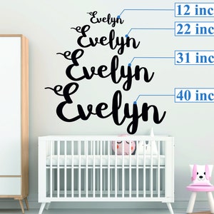 May include: Four black vinyl wall decals spelling out the name "Evelyn" in a cursive font. The decals are shown in different sizes, measuring 12 inches, 22 inches, 31 inches, and 40 inches.
