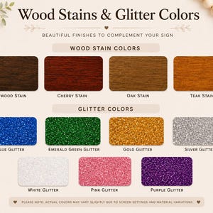 K&ouml;nnte beinhalten: Eine Farbkarte mit dem Titel Wood Stains & Glitter Colors zeigt vier Holzbeizen: Rosewood, Cherry, Oak und Teak. Darunter befinden sich sieben Glitzerfarben: Blue, Emerald Green, Gold, Silver, White, Pink und Purple mit entsprechenden Beschriftungen.