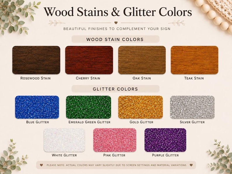 K&ouml;nnte beinhalten: Eine Farbkarte mit dem Titel Wood Stains & Glitter Colors zeigt vier Holzbeizen: Rosewood, Cherry, Oak und Teak. Darunter befinden sich sieben Glitzerfarben: Blue, Emerald Green, Gold, Silver, White, Pink und Purple mit entsprechenden Beschriftungen.