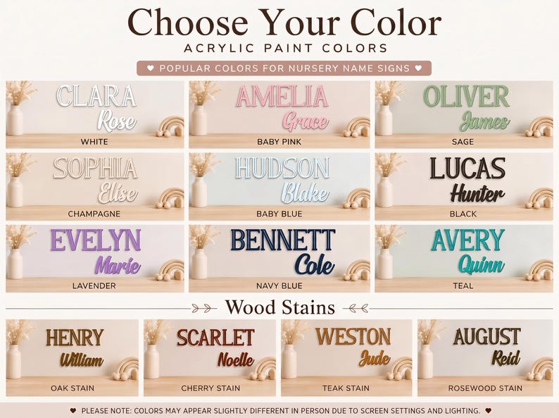 K&ouml;nnte beinhalten: Eine Farbkarte f&uuml;r personalisierte Namensschilder mit zw&ouml;lf Acrylfarben, darunter Wei&szlig;, Babyrosa, Salbei, Champagner, Babyblau, Schwarz, Lavendel, Marineblau und Petrol, sowie vier Holzbeizt&ouml;nen: Eiche, Kirsche, Teak und Palisander.