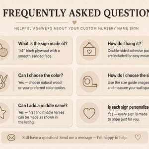 K&ouml;nnte beinhalten: Eine Infografik mit dem Titel FREQUENTLY ASKED QUESTIONS zu personalisierten Namensschildern f&uuml;r Kinderzimmer. Sie enth&auml;lt sechs Abschnitte mit Symbolen und Texten zu Materialien wie 0,6 cm Birkensperrholz, Montage mit Klebepads, Farbauswahl, Gr&ouml;&szlig;en, Optionen f&uuml;r Zweitnamen und Personalisierungsdetails.