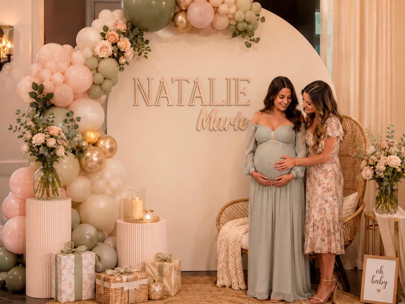 K&ouml;nnte beinhalten: Ein gro&szlig;er kreisf&ouml;rmiger Hintergrund mit dem Namen NATALIE Marie in erhabener Schrift, verziert mit einem Ballonbogen in Salbeigr&uuml;n, Altrosa und Gold. Das Arrangement umfasst Blumenstr&auml;u&szlig;e, Geschenkboxen und ein Schild mit der Aufschrift oh baby.