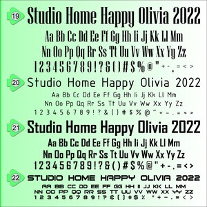 May include: A green and white image with a font sample. The font is called "Studio Home Happy Olivia 2022". The font includes uppercase letters, lowercase letters, numbers, and punctuation marks.