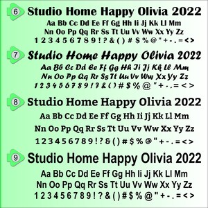 May include: A green and white image with four different font styles. The text reads "Studio Home Happy Olivia 2022" and includes the alphabet, numbers, and punctuation marks.