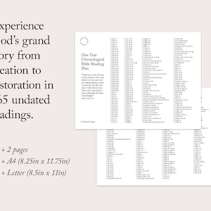 Puede incluir: Un plan de lectura b&iacute;blica cronol&oacute;gico de un a&ntilde;o en blanco y negro con el t&iacute;tulo "One Year Chronological Bible Reading Plan". El texto "Ens&eacute;&ntilde;ame, Se&ntilde;or, el camino de tus decretos, para que los siga hasta el fin. Dame entendimiento, para que guarde tu ley y la obedezca con todo mi coraz&oacute;n. Dir&iacute;geme en el camino de tus mandamientos, porque all&iacute; encuentro mi deleite." est&aacute; incluido. El plan es para 365 d&iacute;as e incluye dos p&aacute;ginas, A4 (21 x 29,7 cm) y Letter (21,6 x 27,9 cm).