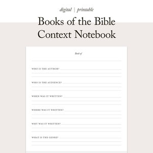 Peut inclure: Carnet d'étude biblique imprimable avec une page vierge pour écrire le livre de la Bible, l'auteur, le public, quand et où il a été écrit, pourquoi il a été écrit et le genre.